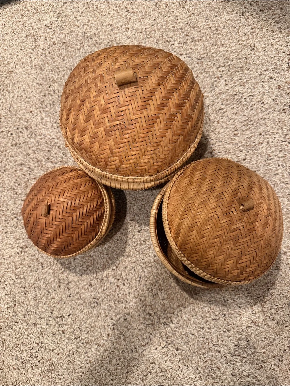 Woven Rattan Lidded Baskets Set by 3 - Natural Brown with glass black beads